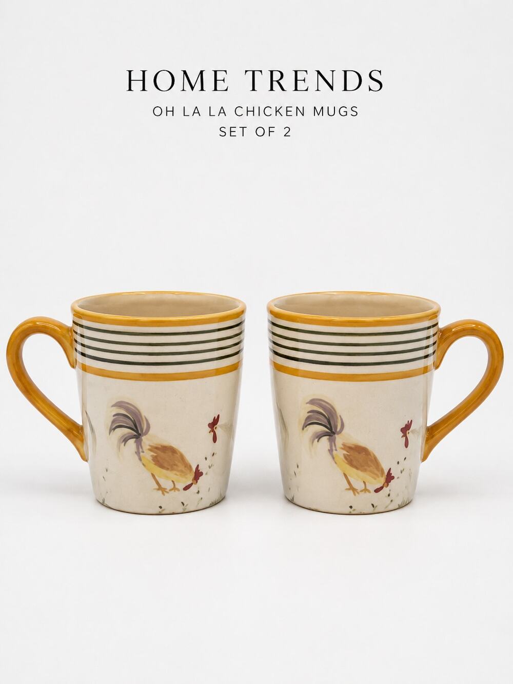 Home Trends Oh La La Chicken Rooster Coffee Mugs Set of 2 Farmhouse